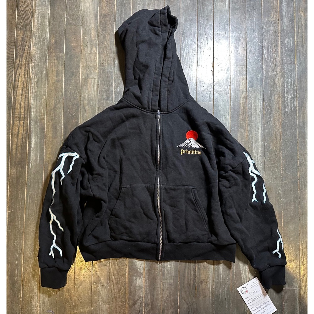 Primitive Dragon Embroidered Zip Up Hoodie Black Lightning Sleeve Cropped